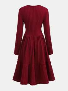 Teen Girl's Jacquard Knit Red Round Neck Long Sleeve Slim Fit Casual Dress, Christmas Dress, Red Christmas, Red Party Outfit, Elegant Red Dress - Burgundy - View 3