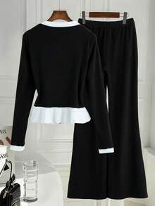 GlowEve 2025 Women's Autumn/Winter New Ruffled Single-Breasted Long Sleeve Top And Flared Pants Set - Black - View 2