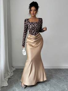 Elenzga 豹纹领长袖腰部收紧紧身缎面和粗花呢拼布二合一褶皱优雅法式通勤长裙 - 卡其色 - 查看 7