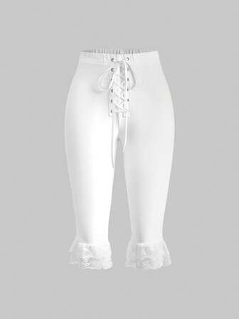 Kawaii Pantalon capri femme style Y2K de base avec patchwork en dentelle et liens