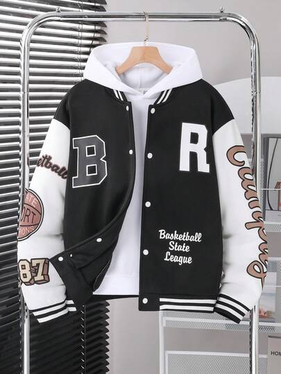 青少年男孩撞色纽扣字母印花时尚度假夹克