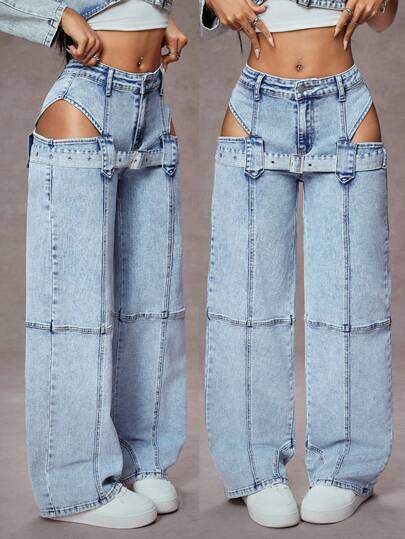 Jeanoix Women's Hollow Out Eyelet Buckle Wide Leg Loose Casual Jeans