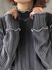 FRIFUL Áo thun nữ cổ lọ tay dài màu tương phản, vải dệt kim có gân, đường khâu tương phản, rộng rãi, thoải mái, đa năng, mùa thu/đông - Xám - Xem 6