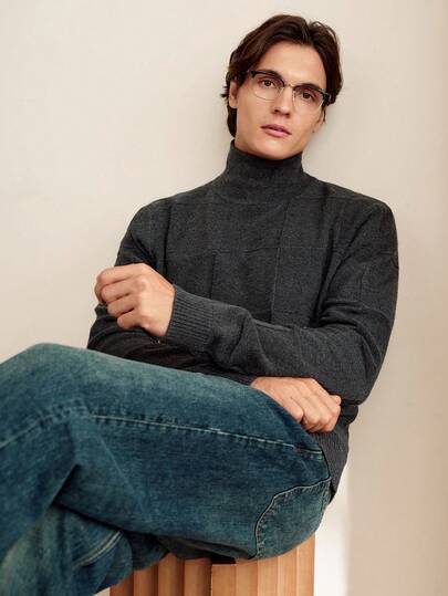 RONVEXI Men's Solid Color Turtleneck Long Sleeve Casual Loose Knit Sweater, Autumn/Winter Turtle Neck Men Cashmere Men S Clothing Men Turtleneck Shirts Mens Fall Collection