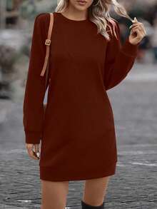SHEIN LUNE 纯色泡泡袖卫衣连衣裙，适合新年穿着 - 棕色 - 查看 3