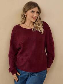 EMERY ROSE 大码女式纯色圆领落肩长袖休闲罗纹T恤 - 酒紅色 - 查看 4