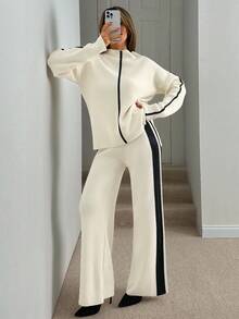 EURMUSE Áo len nữ phối hợp với quần sọc và áo len - Kem - Xem 5