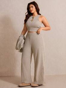 Elaquor 3pcs Plus Size Solid Color Sleeveless Top And Long Pants Set - Khaki - View 7