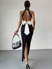 Firerie Women's Elegant, Exquisite, Romantic Date, Party, Ball, New Year, Holiday, Wedding Guest, Valentine's Day Spring Halter Backless Bowknot Bodycon Black & White Maxi Dress, Autumn/Winter Dress With Bow In The Back Open Back Dress - Black and White - View 5