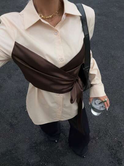 Siren Gaze Women's Contrast Color 2-In-1 Cotton Blend Fitted Long Sleeve Shirt (With Belt), Brown - High Quality, Elegant, Casual, Fashionable