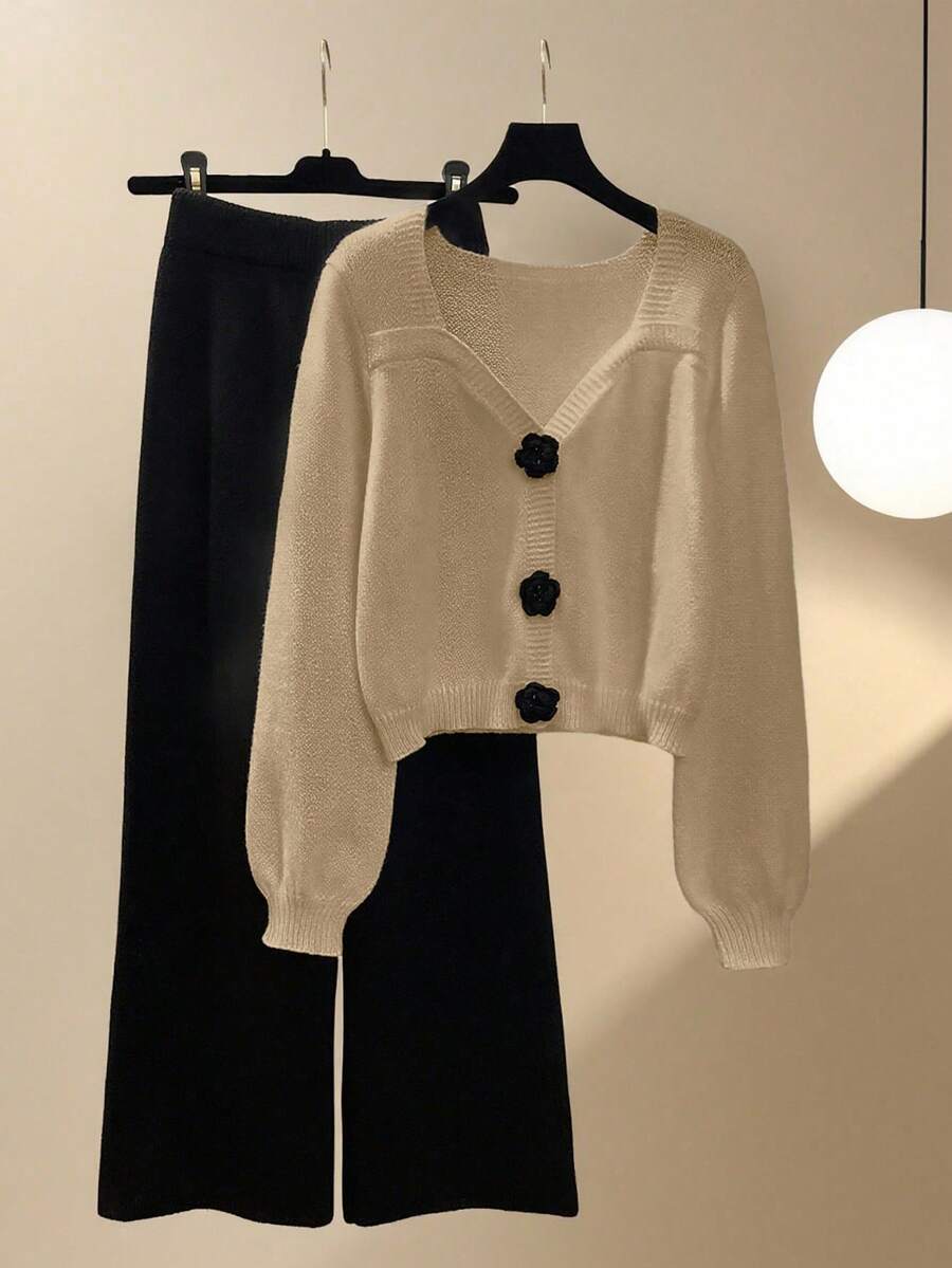 Franclia 2pcs Tea-Colored Outfit, Sweet Cropped Square Collar Knit Sweater & Wide Leg Knit Pants Set, Autumn - Khaki - View 1