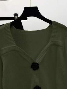 Franclia 2pcs Tea-Colored Outfit, Sweet Cropped Square Collar Knit Sweater & Wide Leg Knit Pants Set, Versatile Autumn Wear - Army Green - View 3