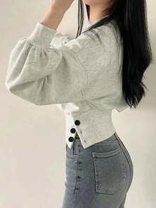 INAWLY Women's Solid Color Round Neck Drop Shoulder Long Sleeve Cinched Waist Casual Sweatshirt,Graduation,Teacher,Back To School Pullover Fall - Light Grey - View 2