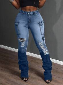 Slaydiva Plus Size Women Cowgirl Style Black Elastic Personalized Ripped Pocket Baggy Jeans, Spring - Dark Wash - View 7