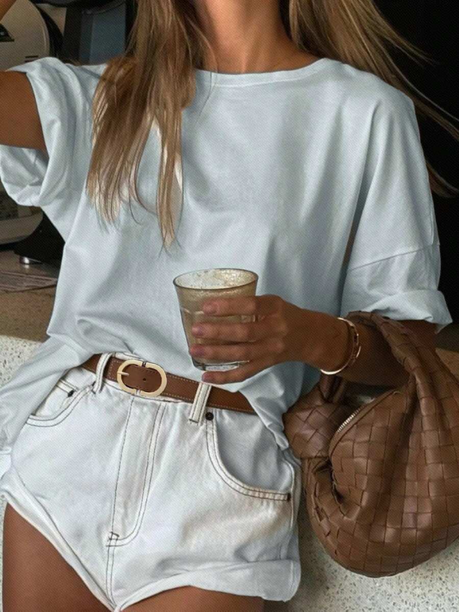 DAZY Women Simple Solid Color Casual T-Shirt, Daily Wear - Blue - View 1