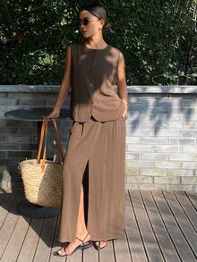 DAZY 女士夏季无袖开襟背心外套和直筒裤两件套休闲套装 - 棕色 - 查看 6