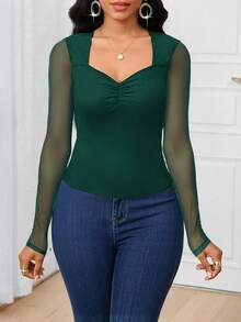 SHEIN Lady Áo thun nữ tay dài cổ tim lưới chắp vá màu trơn, ôm sát - Màu xanh lá cây đậm - Xem 5