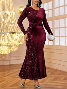 SHEIN Lady Damen Paillettenkleid mit Meerjungfrauensaum, langärmelig, elegant & glamourös - Bordeaux - Übersicht 4