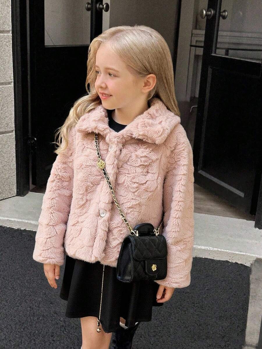 SHEIN Elladie kids Young Girl' Ivory Faux Fur Collar Long Sleeve Jacket, Fashionable, Warm, Versatile, Comfortable Winter Children's Short Coat - Grey - View 1