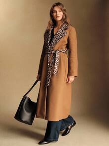 Écloséra Abrigo largo con estampado de leopardo, cuello de solapa, parches y manga larga, de estilo casual y elegante, para mujer, para otoño/invierno - Marrón - Ver 7