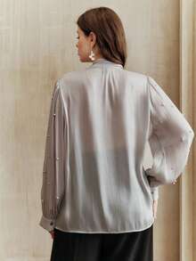 Anewsta 浪漫法式珍珠系带设计大码女式衬衫，新年新装，优雅别致，时尚女装，奢华之选，春夏款，情人节必备 - 銀色 - 查看 7