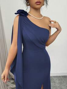 Elenzga Red Asymmetric Floral Decor Split Flare Sleeve Dress - Navy Blue - View 3