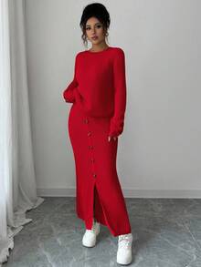 Elenzga 两件套女士休闲长袖上衣和迷你裙套装