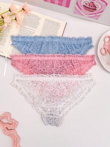 PetitDoll 3 pièces/Set Culottes en dentelle sucrées à nœud décoratif grande taille pour femmes - Multicolore - Voir 2