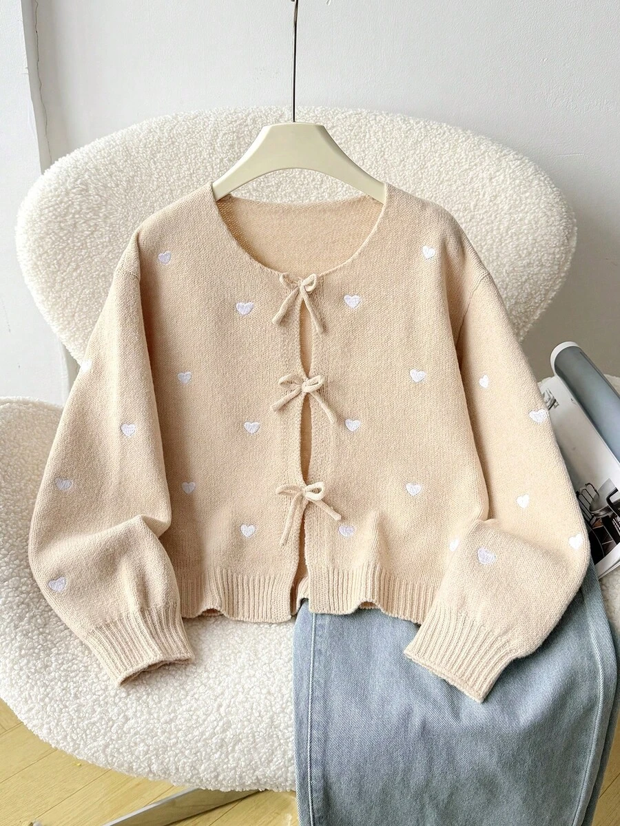 SHEIN Tween Girl Loose Casual Minimalist Comfortable Round Neck Long Sleeve Bowknot Polka Dot Cardigan, Back To School Season - Yellow - View 1