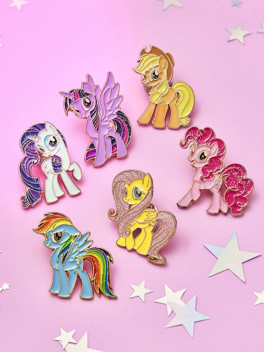 My Little Pony X SHEIN 6-Piece Stylish Cute Sweet Lady Brooch Girl Cartoon Badge Zinc Alloy Drip Pin, Unicorn, Twilight Sparkle & Pinkie Pie & Rainbow Dash,Gift Ideas