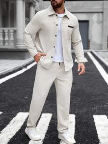 Manfinity Homme Plus-Size Apricot Corduroy Men's Business Suit, Featuring Collar And Pocket Details, Street-Style Men's Corduroy Two Pieces Coat & Pants Set Men Casual Suit 2 Pieces Leisure Suits Summer Suit For Men Beige Suit For Linen Suit, For Winter - Apricot - View 3