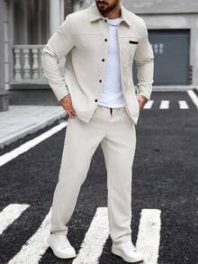 Manfinity Homme Plus-Size Apricot Corduroy Men's Business Suit, Featuring Collar And Pocket Details, Street-Style Men's Corduroy Two Pieces Coat & Pants Set Men Casual Suit 2 Pieces Leisure Suits Summer Suit For Men Beige Suit For Linen Suit, For Winter - Apricot - View 6