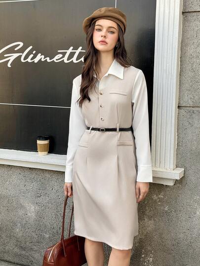 SHEIN British Style Collared Long Sleeve Shirt Dress With Belt For Teens