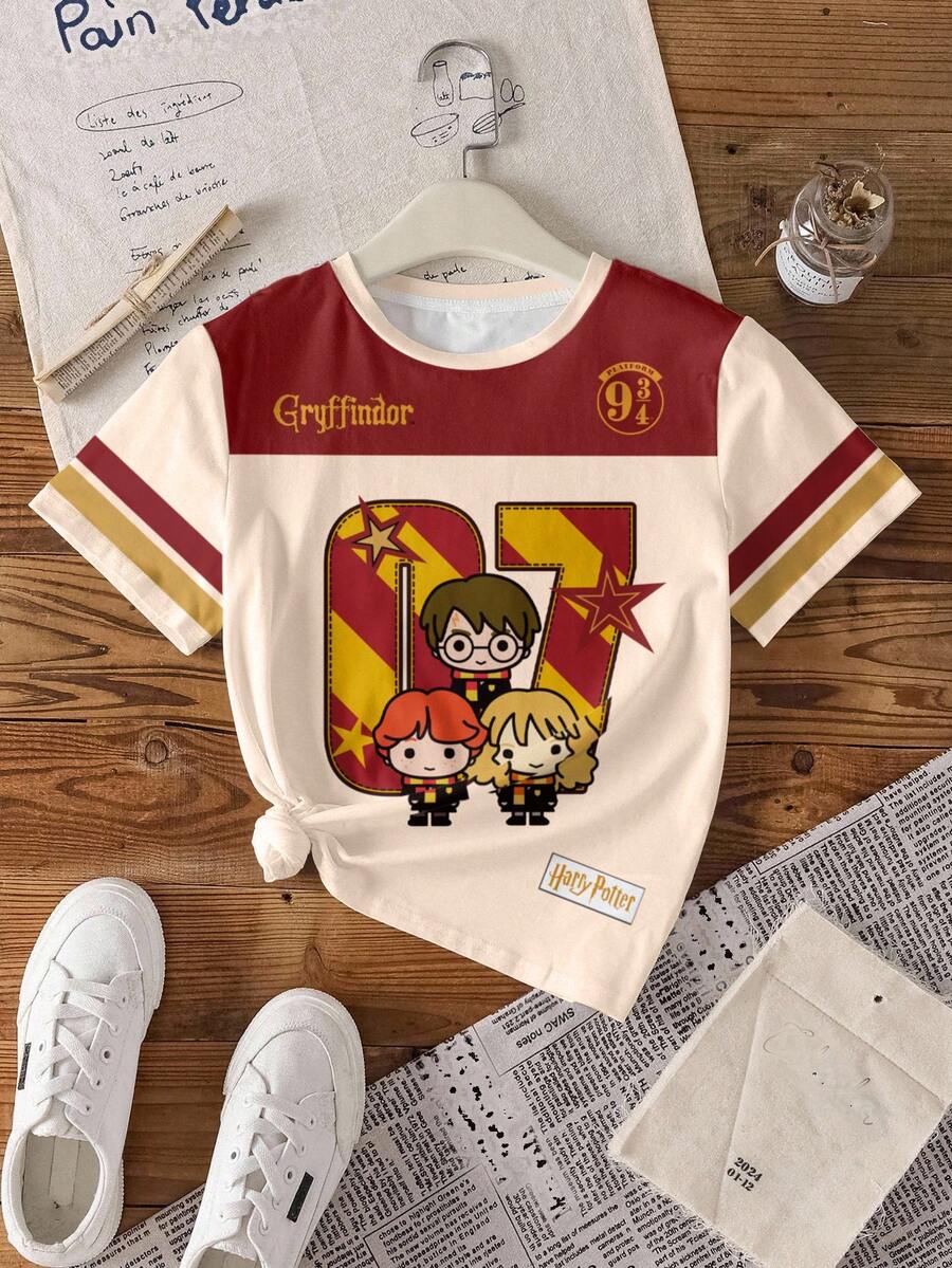 HARRY POTTER X SHEIN 少女休闲日常通勤上学风可爱卡通人物星星印花撞色短袖T恤，夏季 - 白色 - 查看 1