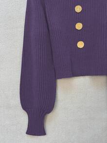 GlowEve 女士时尚翻领金属纽扣灯笼袖毛衣，百搭 - 紫羅蘭色 - 查看 4
