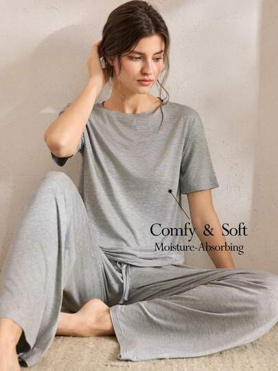 Ocili Conjunto de pijama de algodón suave con manga corta y pantalón largo para mujer