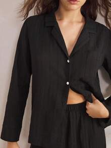 Ocili 100%纯棉天然舒适无弹提花梭织女士睡衣套装，长袖上衣和长裤，冬季服装 - 黑色 - 查看 5