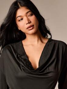 AiiRZ Exaggerated Cowl Neck Long Sleeve Top With Drape Detail For Fall Winter Casual Chic Style - Black - View 4