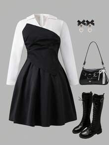 Tween GirlsBlack & White Fitted Niche Elegant School Style V-Neck Dress Black And White Outfits Kpop Outfit Teen Girls Church Outfit Funeral Outfit For Tween Girls - Black and White - View 1
