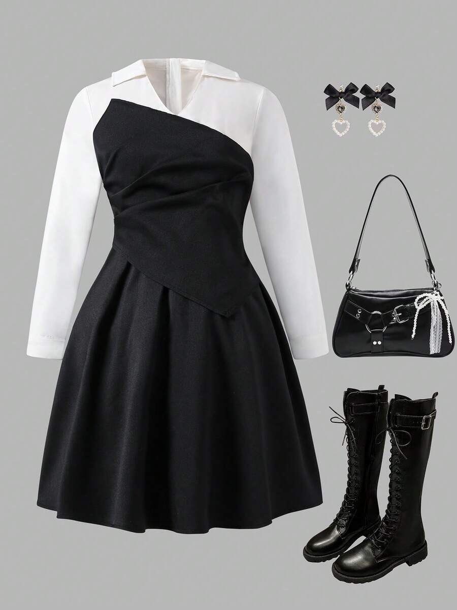 Tween GirlsBlack & White Fitted Niche Elegant School Style V-Neck Dress Black And White Outfits Kpop Outfit Teen Girls Church Outfit Funeral Outfit For Tween Girls - Black and White - View 1