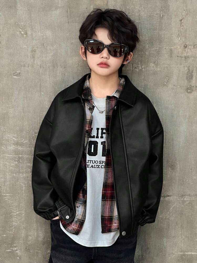 DAZY ティーンボーイ ソリッドカラー ドロップショルダー 長袖 PU