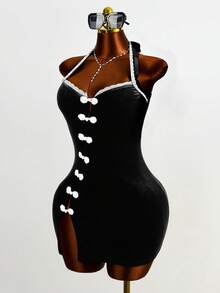 Mistrie 女士新款性感无袖露背吊带旗袍，露背设计，性感夜店风，无袖，露背，开衩，短裙，高腰，凸显腰部曲线，紧身连衣裙 - 黑色 - 查看 5