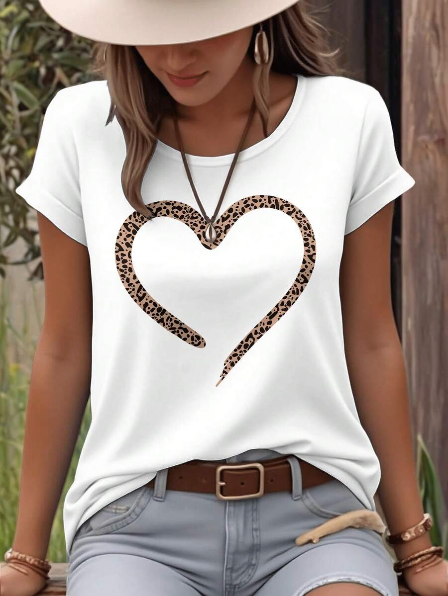 EMERY ROSE Women's Heart Pattern Printed Round Neck Short Sleeve Casual T-Shirt For Summer For New Year Clothes Graphic Tees Women Tops - White - View 1
