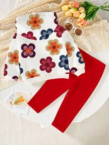 1 Set Baby Girls Casual Cute Floral Print Hoodie Sweatshirt And Red Knit Leggings Outfit, Fall/Winter Clothing, Cozy Hoodie Set