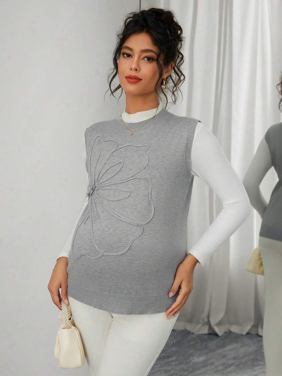 SHEIN 女士修身手工刺绣前襟休闲纯色套头孕妇毛衣背心 - 灰色 - 查看 1