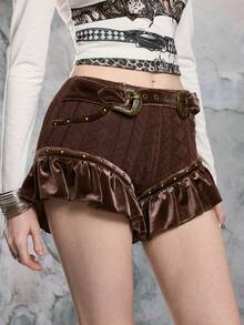 ROMWE EDITION 复古针织提花荷叶边铆钉短裤 - 彩色 - 查看 4