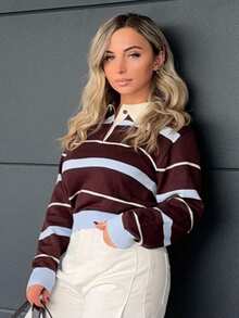 Jeta Ari Women's Autumn/Winter Collegiate Style Polo Collar Contrast Striped Brown And Blue Loose Knit Sweater,Brown Sweater - Multicolor - View 1