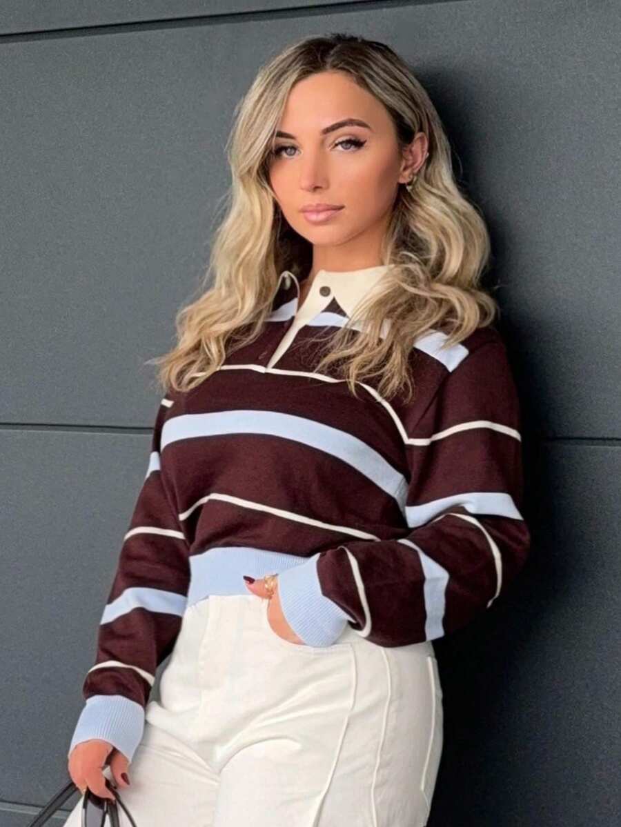 Jeta Ari Women's Autumn/Winter Collegiate Style Polo Collar Contrast Striped Brown And Blue Loose Knit Sweater,Brown Sweater - Multicolor - View 1