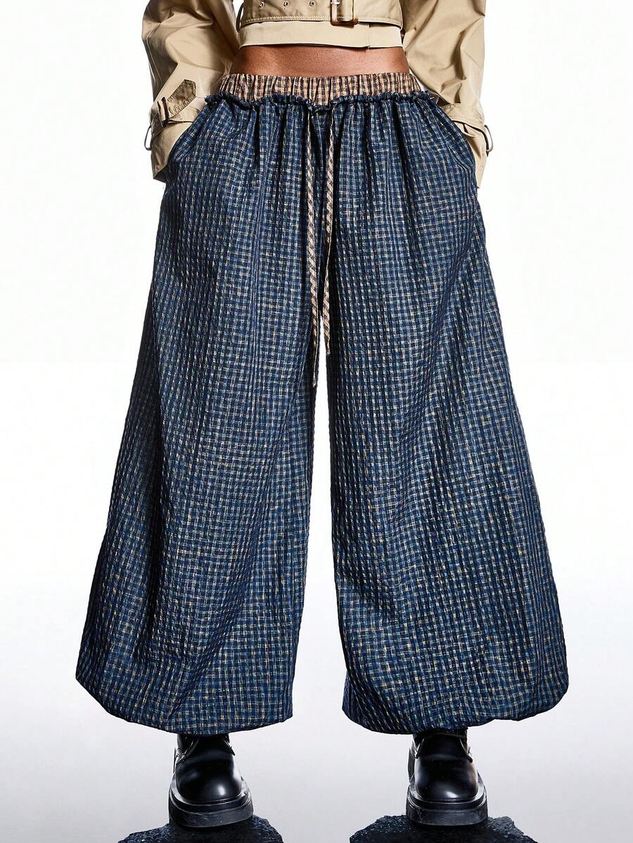 LYSMO 2026 New Arrive Minimalism Spring/Summer  Women's Drawstring Waist Pocket Plaid Wide Leg Loose Casual Pants - Multicolor - View 1