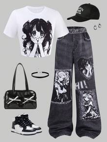 Sparklyn 2pcs/Set Girls Street Fashion Star Graphic Knit Crop Top + Denim Look Printed Loose Cargo Pants Set, Versatile Casual Outfit